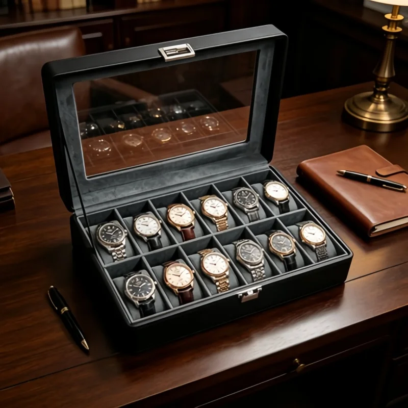 

12 Slot Leather Watch Box 7Pcs Set, Lockable Display + 6 Self-Closing Pouches