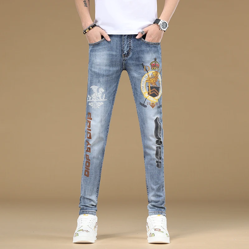 

Affordable luxury fashion skinny jeans for men 2024 new high-end fashionable printed casual stretch denim slim-fit trousers