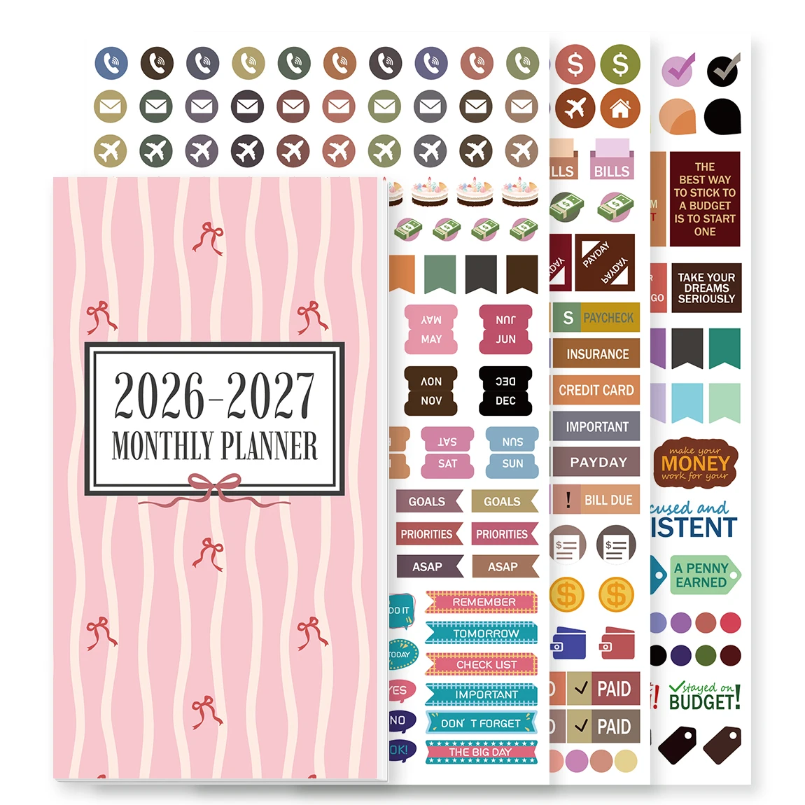 1PC A6 Monthly Planner, Pink Bow Stripe, with Stickers or Colorful Index Tabs, Compact Organizer for Office, Study & Travel