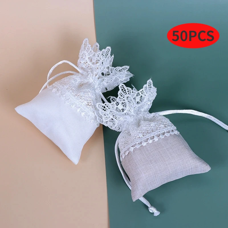 

50 PCS White Lace Embroidery Candy Gift Bag With Drawstring Jewelry Tea Packaging Bags Wedding Christmas Birthday Party Supplies