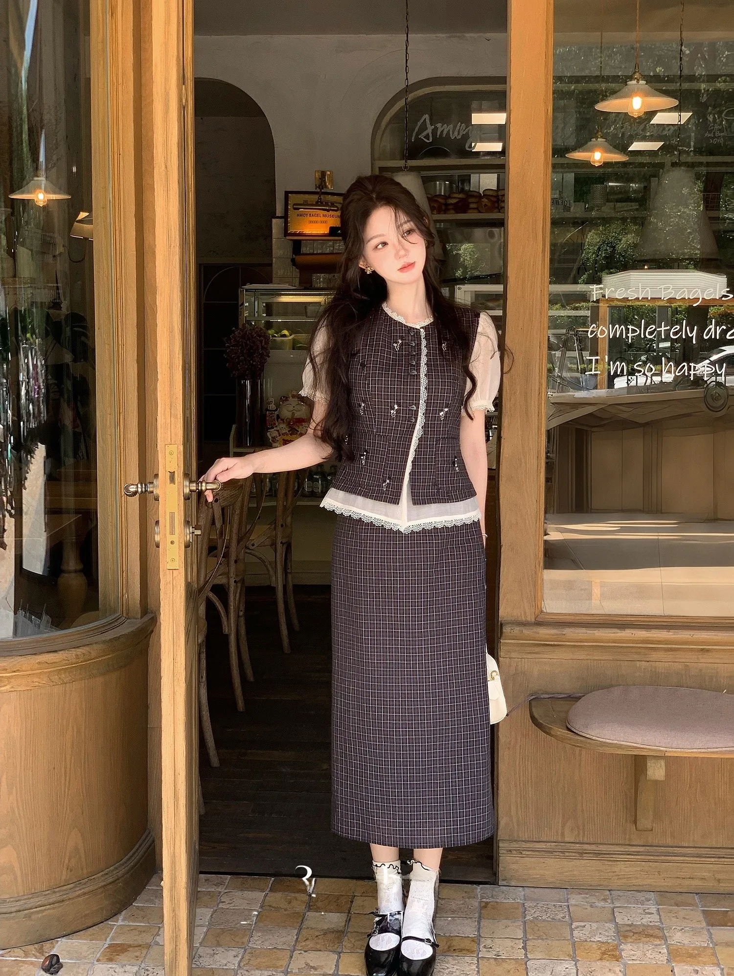

Roro eep Amber Hazelnut Small Fraance Sle Embroidered Plaid irt f Skirt Two-Piece Set Casual Cotton Summer Faion