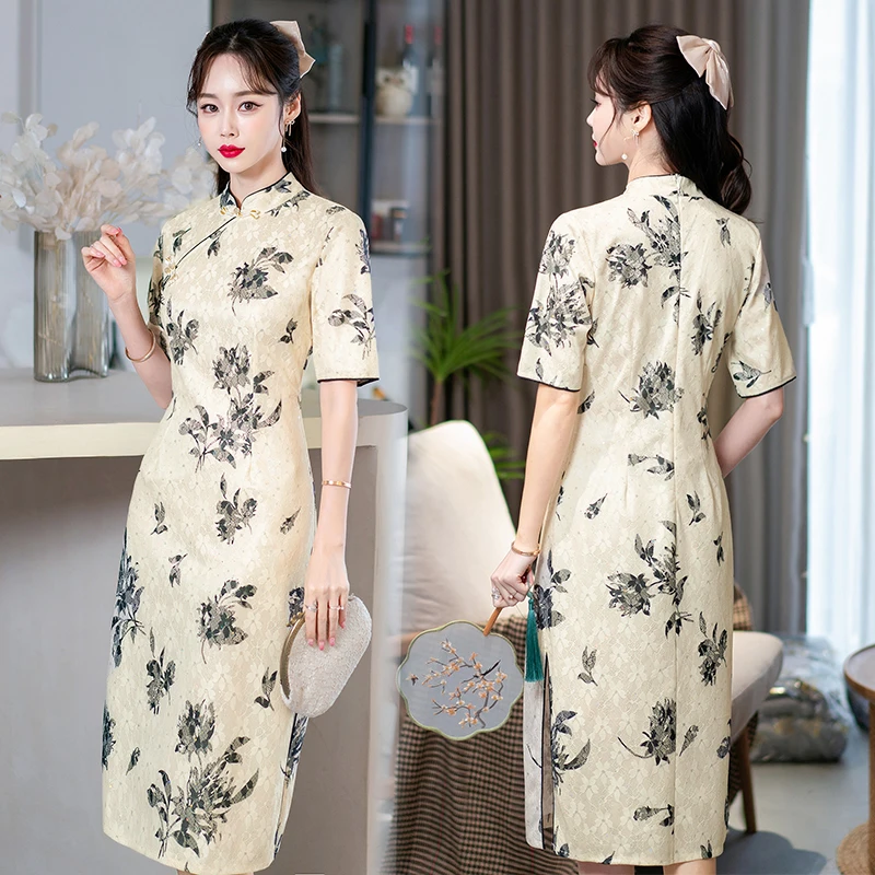 

Chinese Traditional Summer New Lace Qipao Dress Elegant Retro Slim Young Improved Cheongsam for Women Clothes