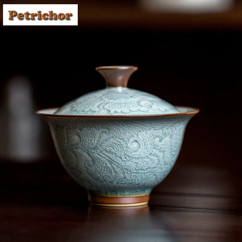 

130ml Honey Glazed Relief Peony Gaiwan Aesthetic Tea Tureen Tea Bowl with Lid Kit Tea Brewing Cover Bowl Chinese Tea Set Craft