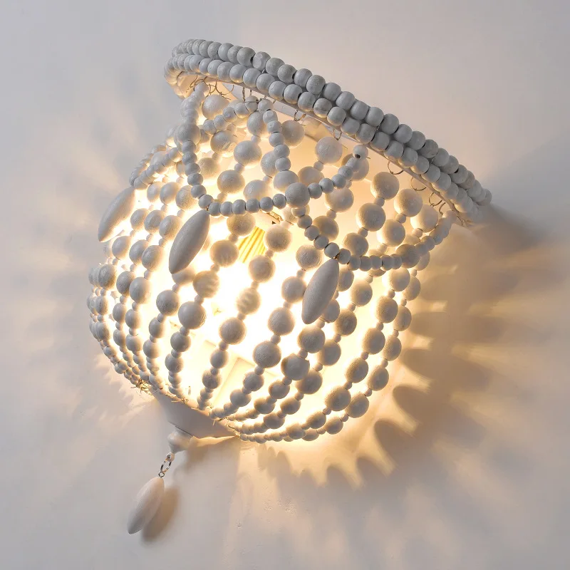 American Style Country White Wooden Beads Wall Lamp LED Living Room Bedroom Bedside Study Corridor