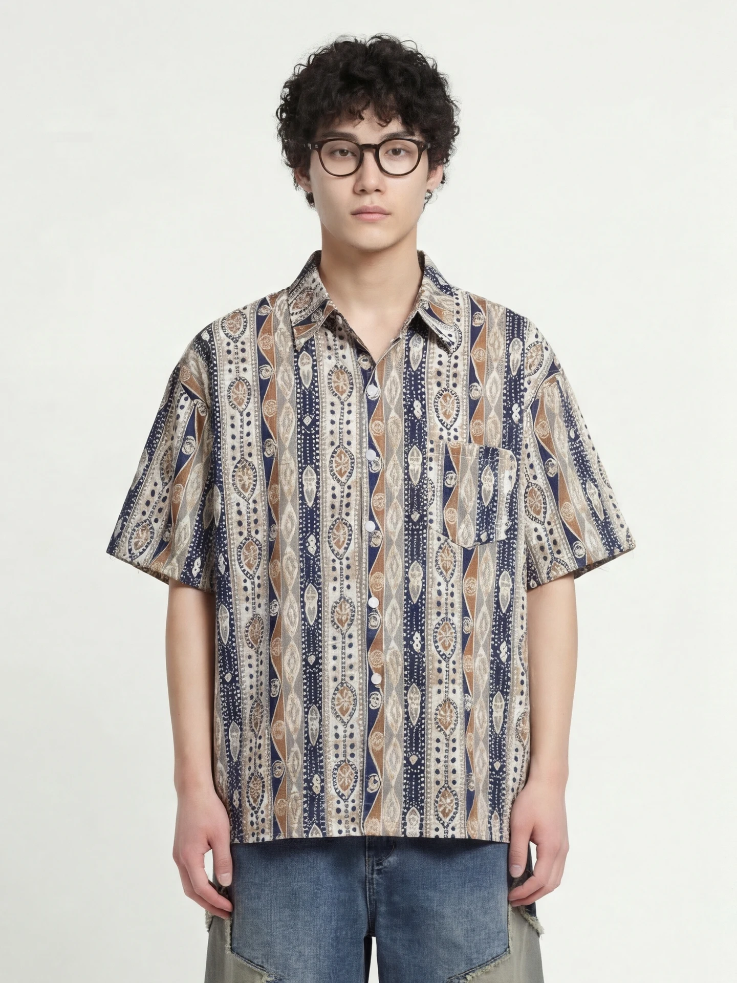 

Loose ort Sve irt for Men And Women from Vintage Print Casual Sle Breathable Polyester Fiber Spring Autumn Wear