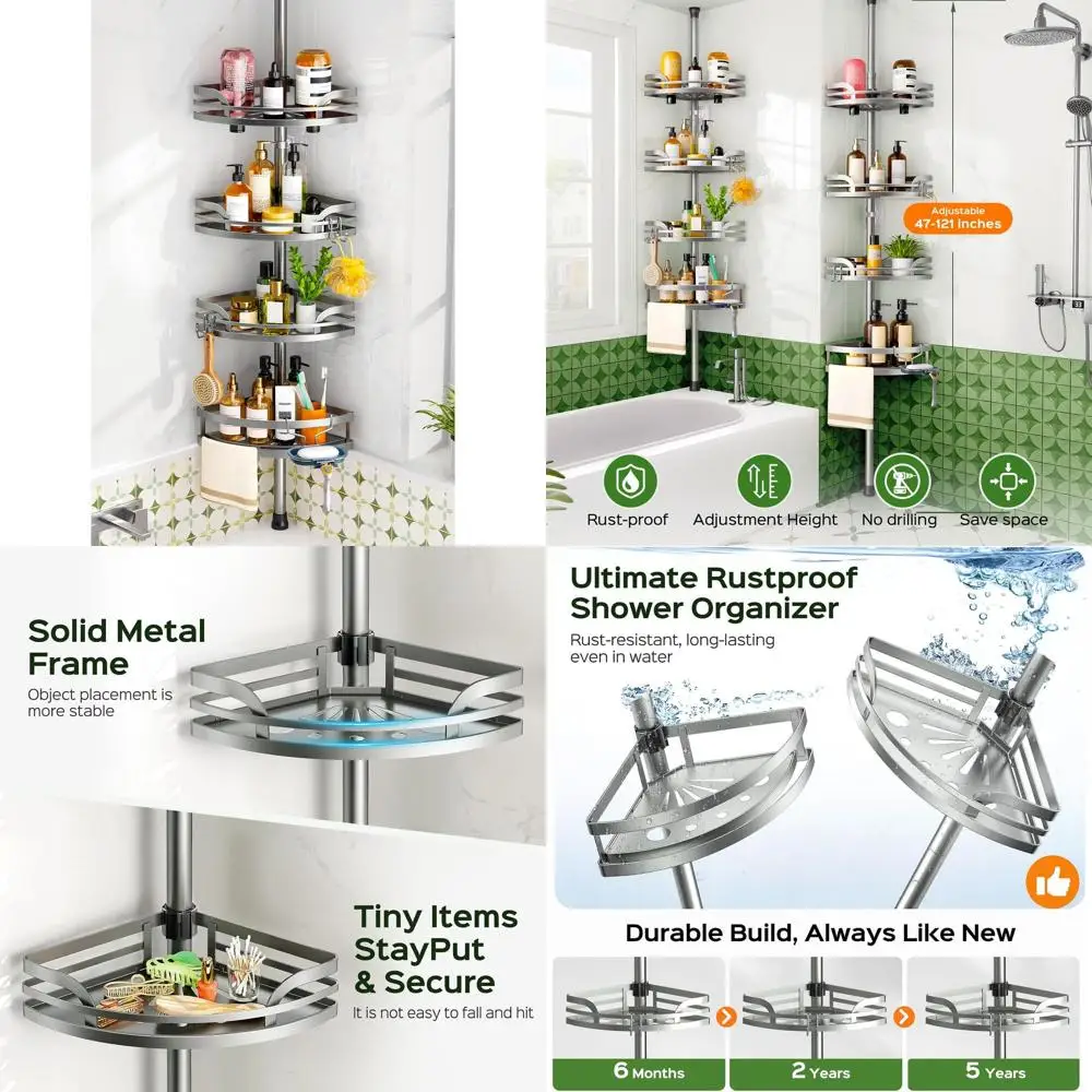 

Shower Caddy Tension Pole：4-Tier Rustproo Bathroom Shel or Renters - 47-121inches Adjustable Bathtub Organizer with Soap Holder-