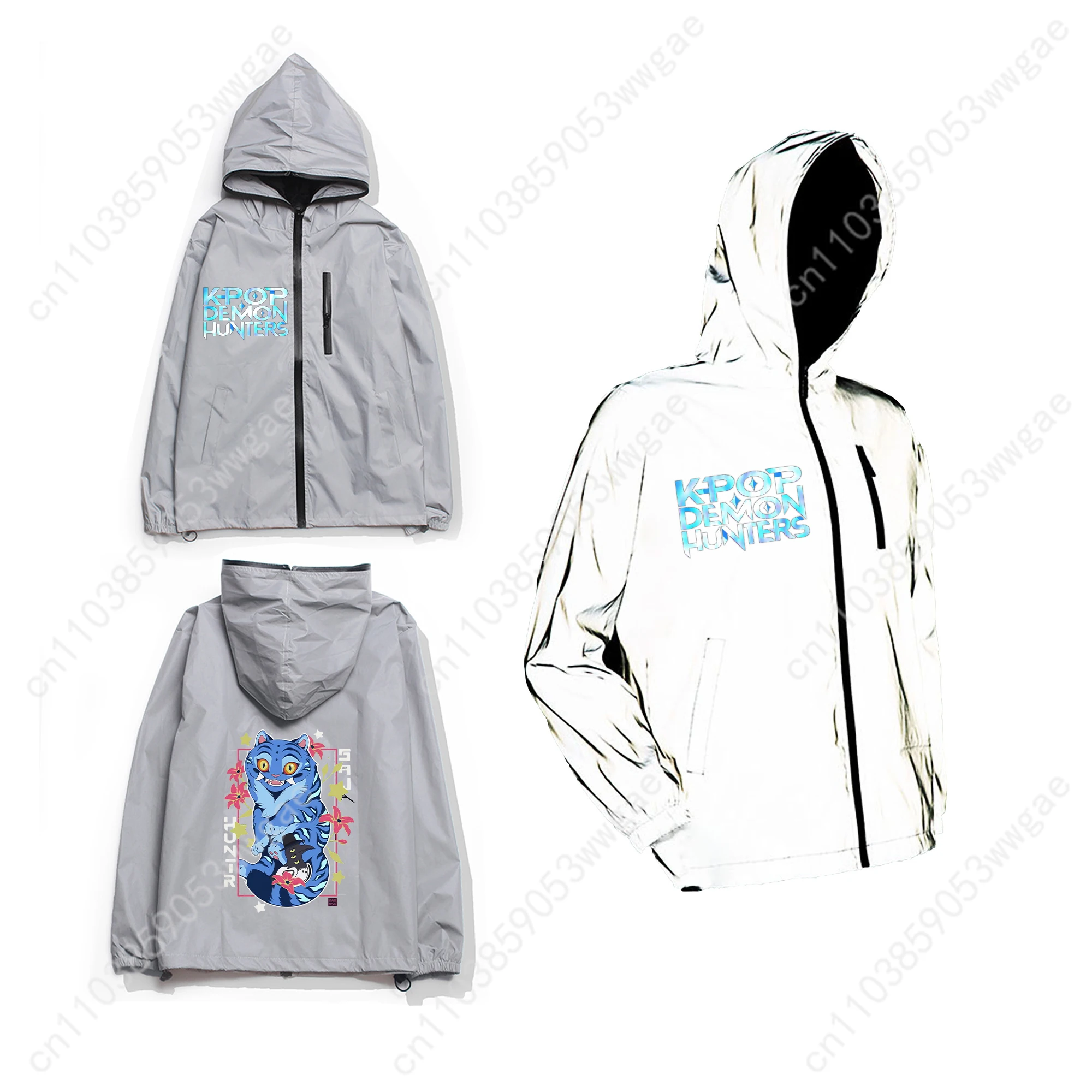 KPop Demon Hunters Reflective Jacket Man Women Coat Hooded Windbreaker Run Pocket Jacket Cycling Hiking Zipper Customized Hoodie