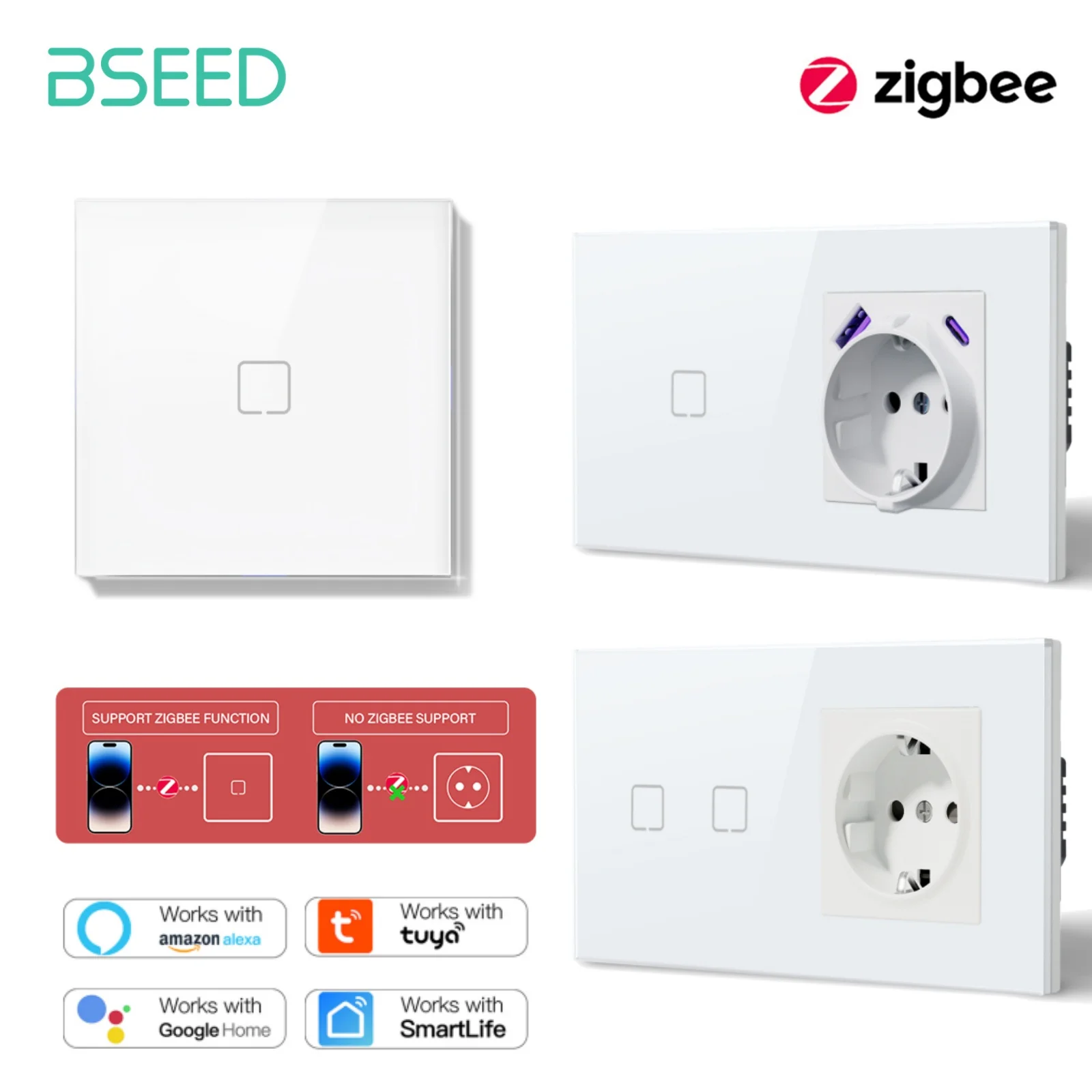 

Сенсорный переключатель BSEED Zigbee, стеклянный умный настенный выключатель, подсветка сенсорного экрана с быстрой зарядкой через USB-C, розетка европейского стандарта серии E