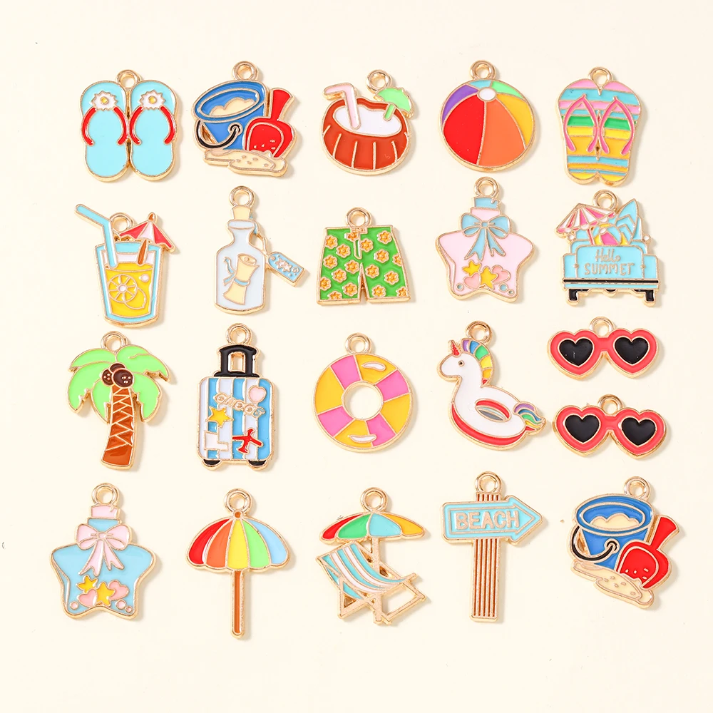 10 Breloques Émail Été Plage Vacances Sable Cocotier pour Boucles d'Oreilles Bracelets Colliers Porte-clés Fabrication de Bijoux DIY
