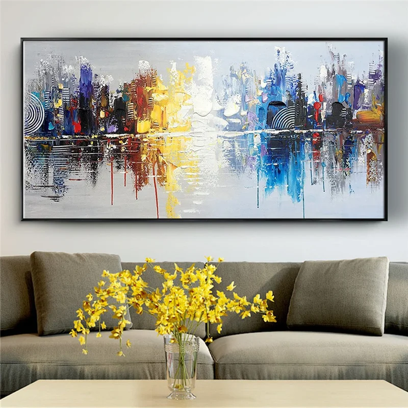 Abstract City Painting Decor Wall Image On Panel Large Vertical Modern 100% Handmade Canvas Oil Paintings Mural For Living Room