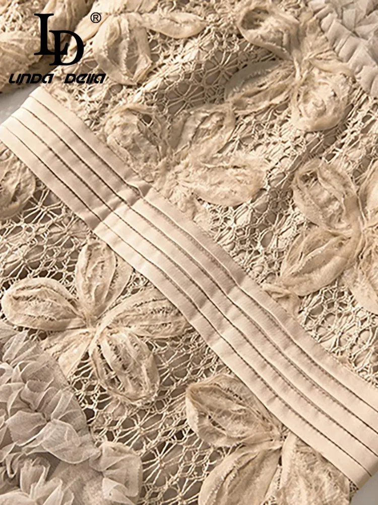 LD LINDA DELLA 2025 الخريف/الشتاء موضة شبكة سوداء الفطريات حافة مكدسة المرقعة كم طويل الرقبة المستديرة S-4XL فستان