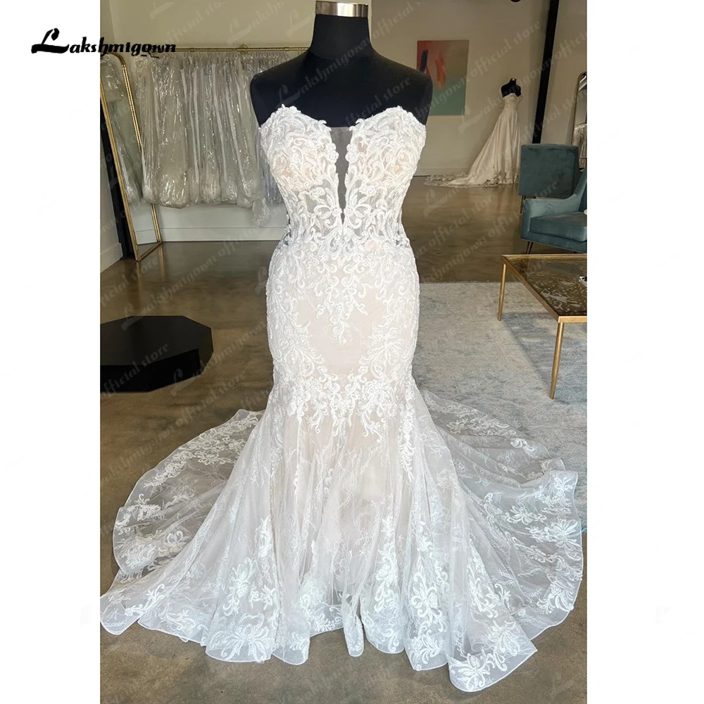 Lakshmigown-vestido de novia con Apliques de encaje para mujer, traje de sirena/trompeta con escote Corazón, corte sirena, 2024