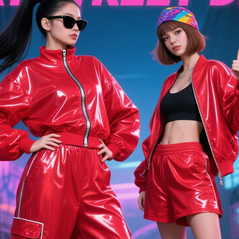 レッドレザージャズダンス衣装女性グループヒップホップ服子供ストリートウェアキッズステージ Kpop 衣装絶賛着用 XS9965