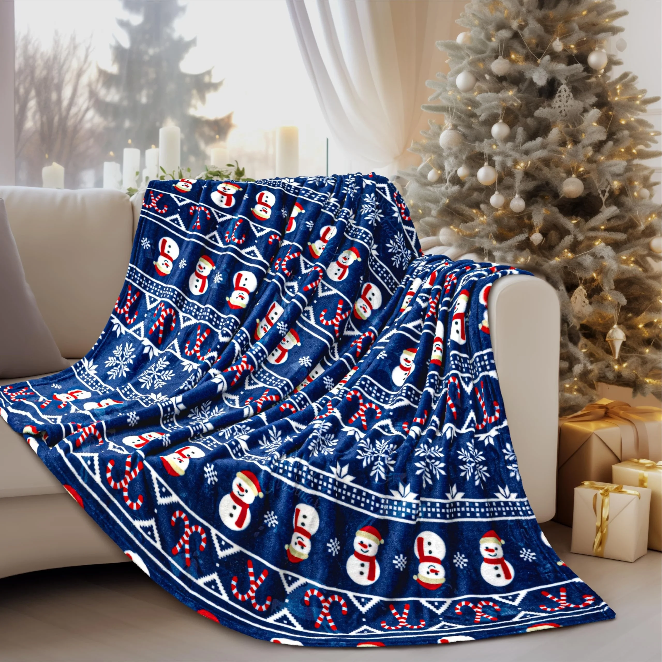 1pc Christmas Blanket Navy Blue Snowman Pattern Throw with Red Hats Scarves Soft Flannel Couch Sofa Bedspread All-Season