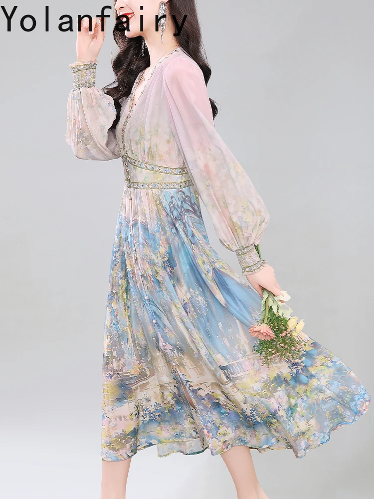 YOLANFAIRY Elegante 100% vera seta di gelso Abiti Donna 2025 Inizio autunno Abito da fata di lusso Abito da donna stampato a maniche lunghe