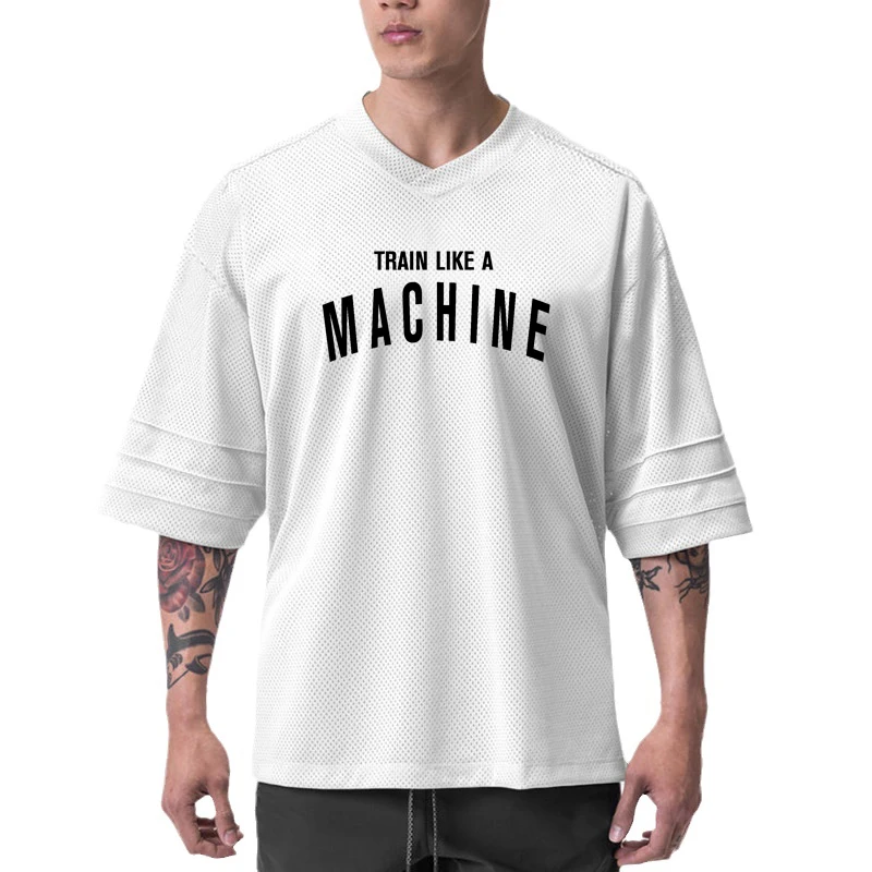 Oversized Loose Short Sleeve V-neck T-shirts Mens Summer Mesh Breathable Quick Dry Tops Gym Fitness Bodybuilding Sport Shirts
