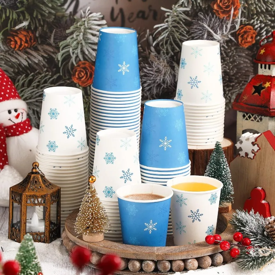 100 Pieces Christmas Paper Cups Xmas Disposable Coffee Snowflake Santa Snowman Elk Lights Cups 9 Ounce Drinking Tea Paper for D