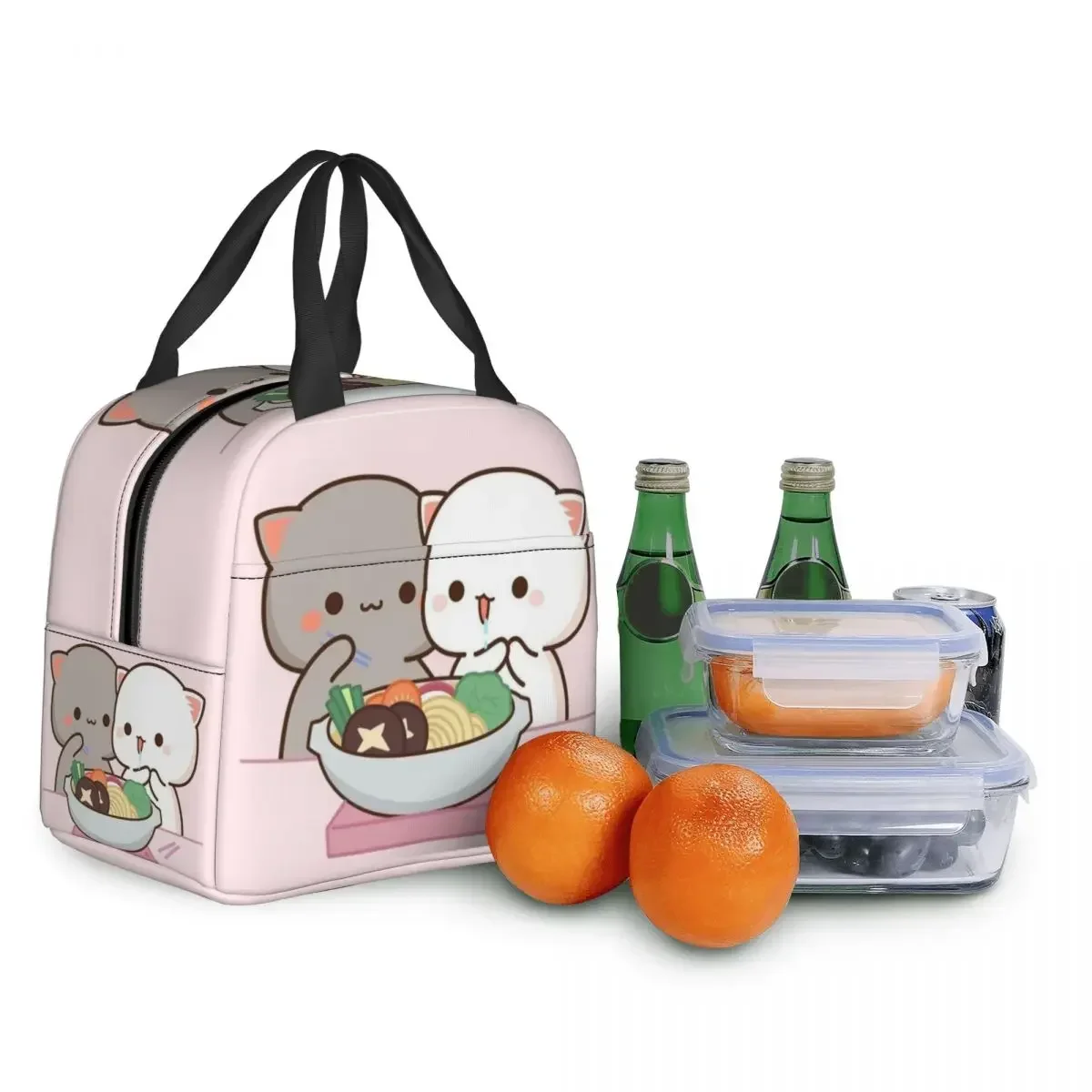 Fiambrera de dibujos animados Mochi Cat Peach And Goma para mujer, refrigerador reutilizable a prueba de fugas, bolsa de almuerzo con aislamiento térmico para alimentos, escuela para niños