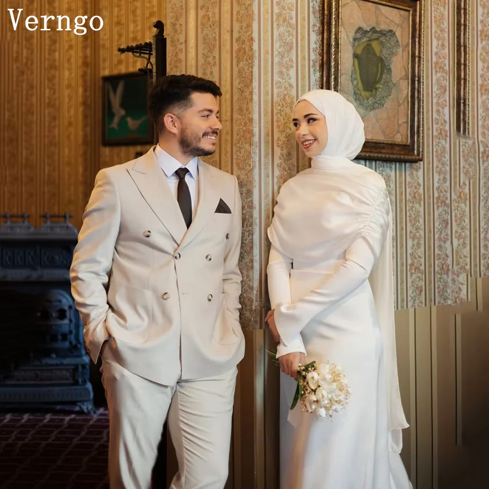 Verngo Elegant lvory Satin Wedding Dress High Neck Full Sleeves Mermaid Bridal Gowns Sweap Train Modest Bride Dress Customized