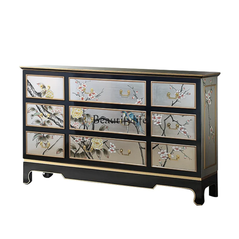 New Chinese Painted Nine Bucket Entrance Cabinet American Hand Drawn Drawer Storage Solid Wood Wall Locker