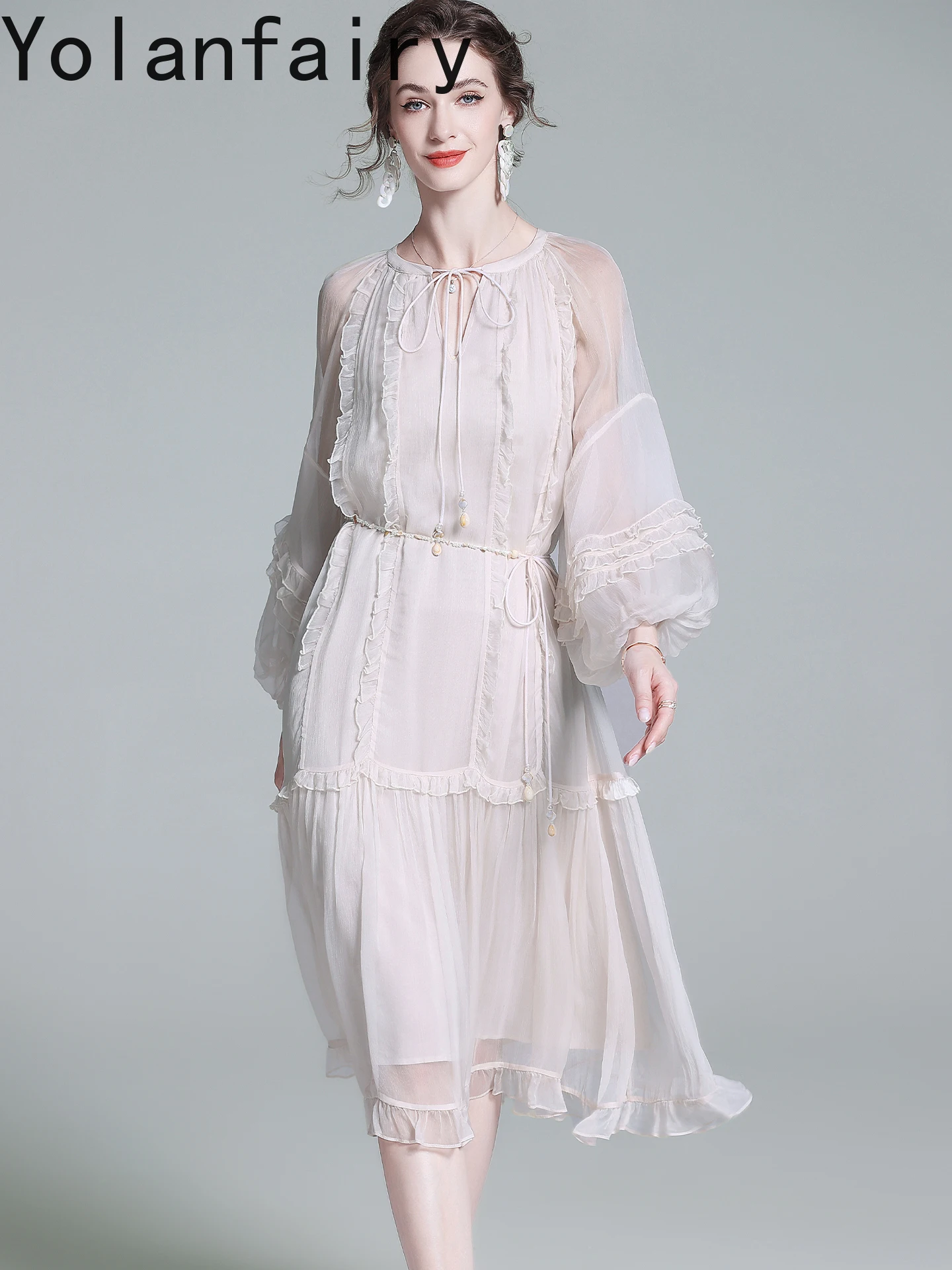 YOLANFAIRY الراقية 100% فساتين حرير التوت الطبيعي للمرأة الخريف أنيقة شيك فستان طويل ملابس النساء فساتين عطلة