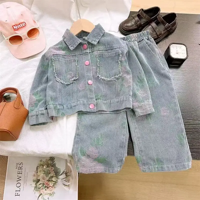 

New Girls Clothes Sets 2026 Spring and Autumn Kid Sweet Floral Print Denim Coat+Jeans 2Pcs Children Outfit 3-8 Years
