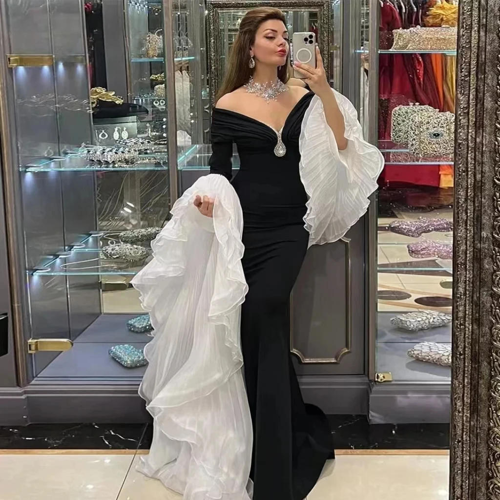 

customized Sexy V Neck Prom Dress Women's Beaded Ruffle Long Sleeve Evening Gown Floor Length Mermaid Special Occasion Gowns