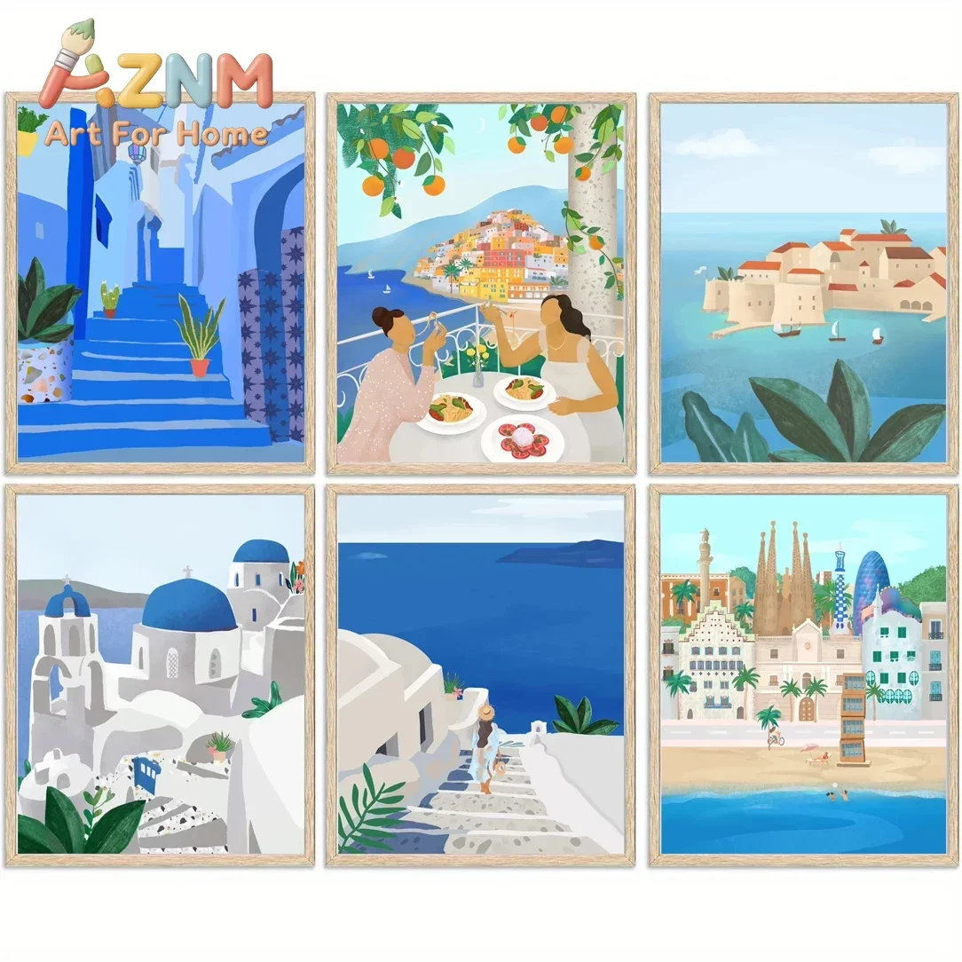 1pc Summer Blue City Art Poster Barcelona Morocco Santorini Girl Wall Decoration Canvas Painting Home Living Room Art Decoration