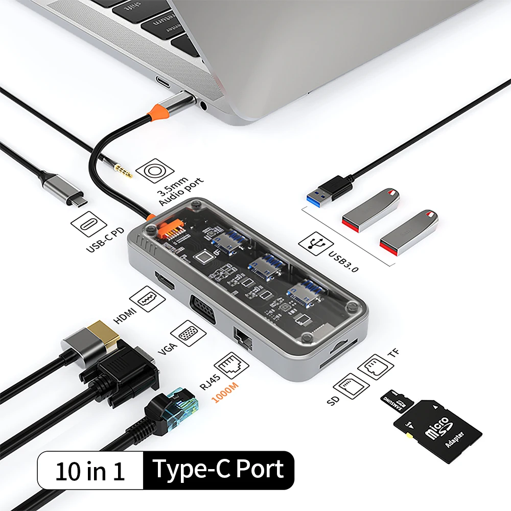 10 in 1 USB C HUB 4K30Hz Dock Station Type C to HDMI-Compatible RJ45 Ethernet PD100W For Macbook USB 3.0 Hub Laptop Tablet