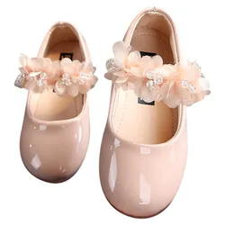 Girls Glossy Shallow Mouth Flat Leather Shoes 2-10 Years Girls Lace Flower Princess Shoes Baby Small Leather Shoes