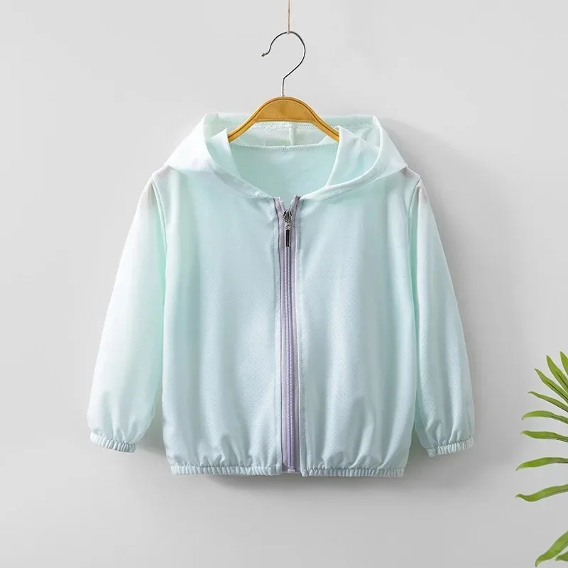 Summer Childrens Sunscreen Clothing Ice Silk Thin Hooded Cool Kids Boys Jacket Outdoor Camping Girls Breathable Zipper Coat