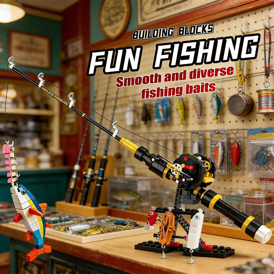 

MOC Trolling Drum Bowfishing Reel Set Building Blocks Sea Fishing Rod Gear Hooks Lure Bait Tackle Bricks Toys Kids Fishers Gifts