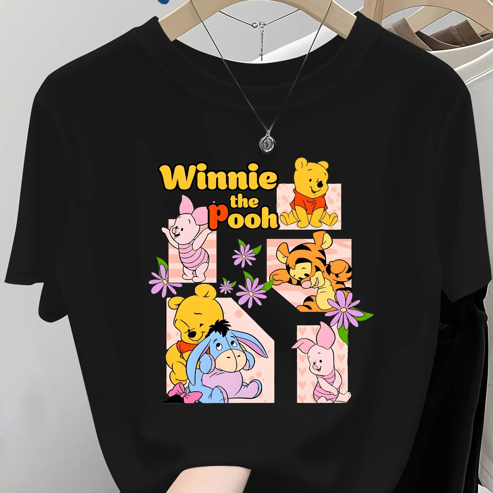 

Disney Winnie The Pooh T-shirt-Black Shirt with Winnie The Pooh, Tiger and Pig-Soft Everyday Wear