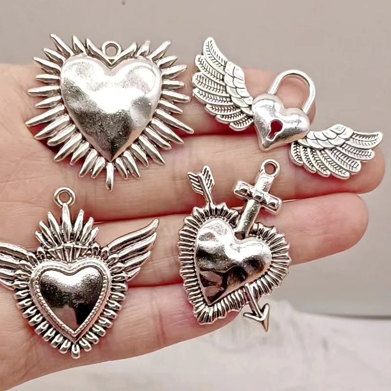 3pcs Silver Color Christian Acred Sacred Heart Charms Mexico Milagro Flame Heart Pendant Fit Jewelry Making DIY Jewelry Findings