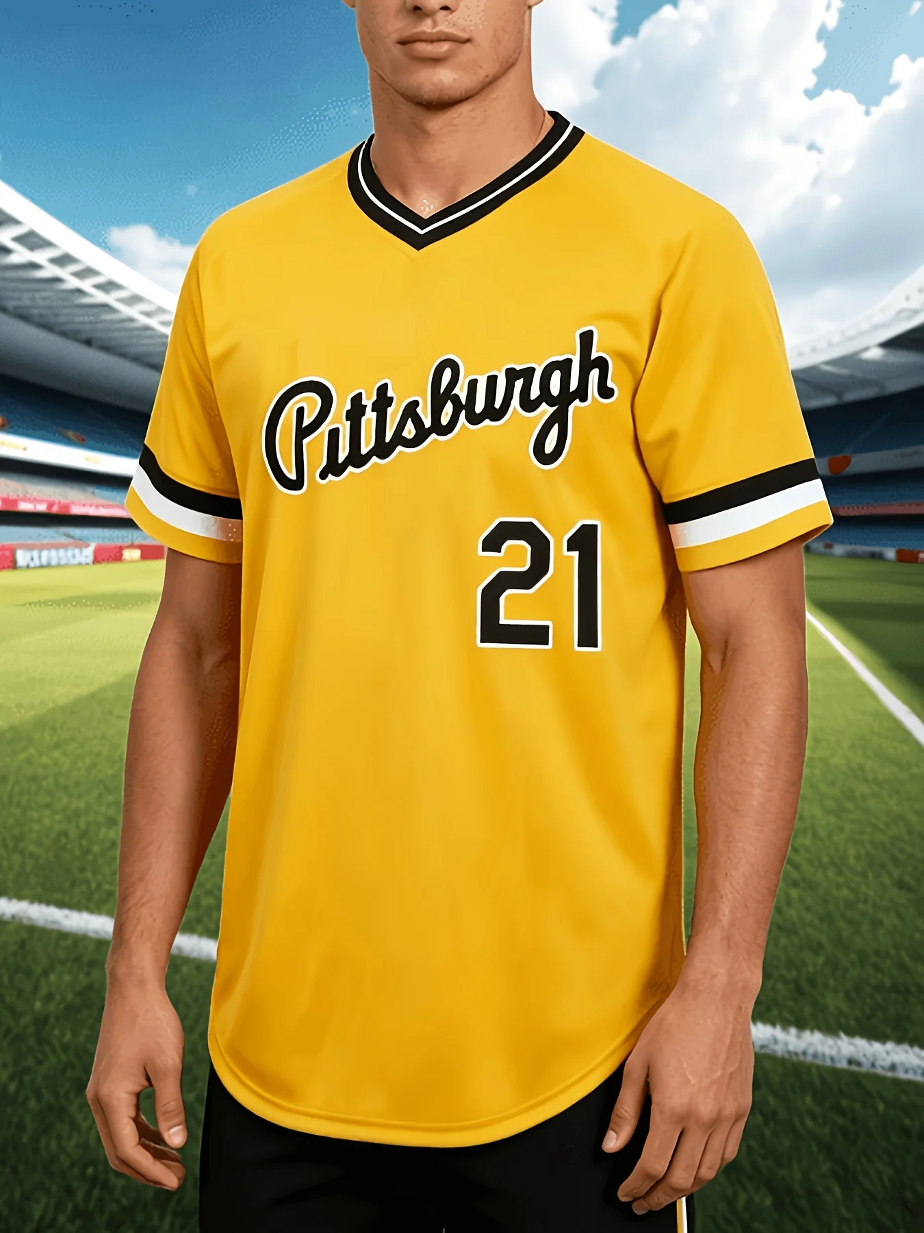 Men Pittsburgh 21 V Neck Baseball Jersey Yellow Black White Trim Short Sleeve Sport Uniform Fan Casual Top