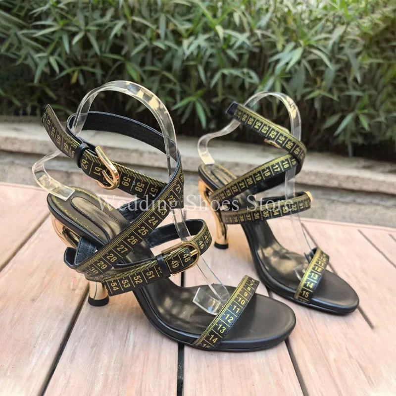 Women's High Heels Black Scale Long Band Design Buckle High Heel Metal Shaped Heel Catwalk Summer Open Hollow Casual Shoes