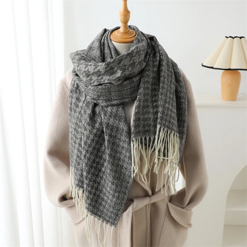 2024 New Imitation Cashmere Scarf for Autumn Winter Classic Plaid Simple Warm Scarf Women\'s Thick Shawl Tassel Wrap Pashmina