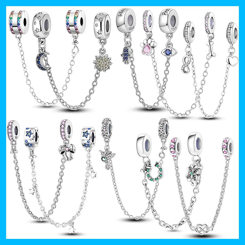 Silver-Plated Rainbow Moon Safety Chain Charms Fit Original Bracelets Bag Keychain Charms Beads Pendant Diy Women Jewelry Gift