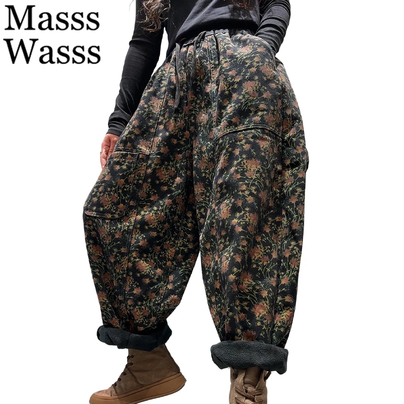 قداس واس الشتاء النساء أزياء فضفاضة خمر الأزهار الفراء الدنيم السراويل السيدات عارضة الكلاسيكية مرونة الخصر السراويل المطبوعة الجينز #1