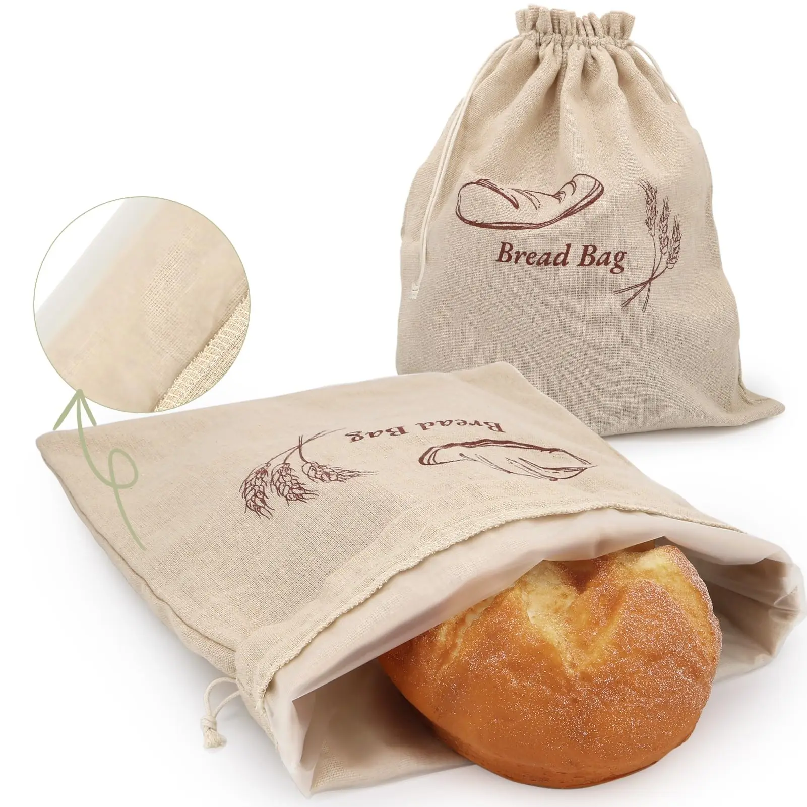 Bolsas de Pan de Lino y Algodón Orgánico Transpirables, Reutilizables con Cordón, para Mantener el Pan Fresco por Más Tiempo, Ecológicas para Panes Artesanales