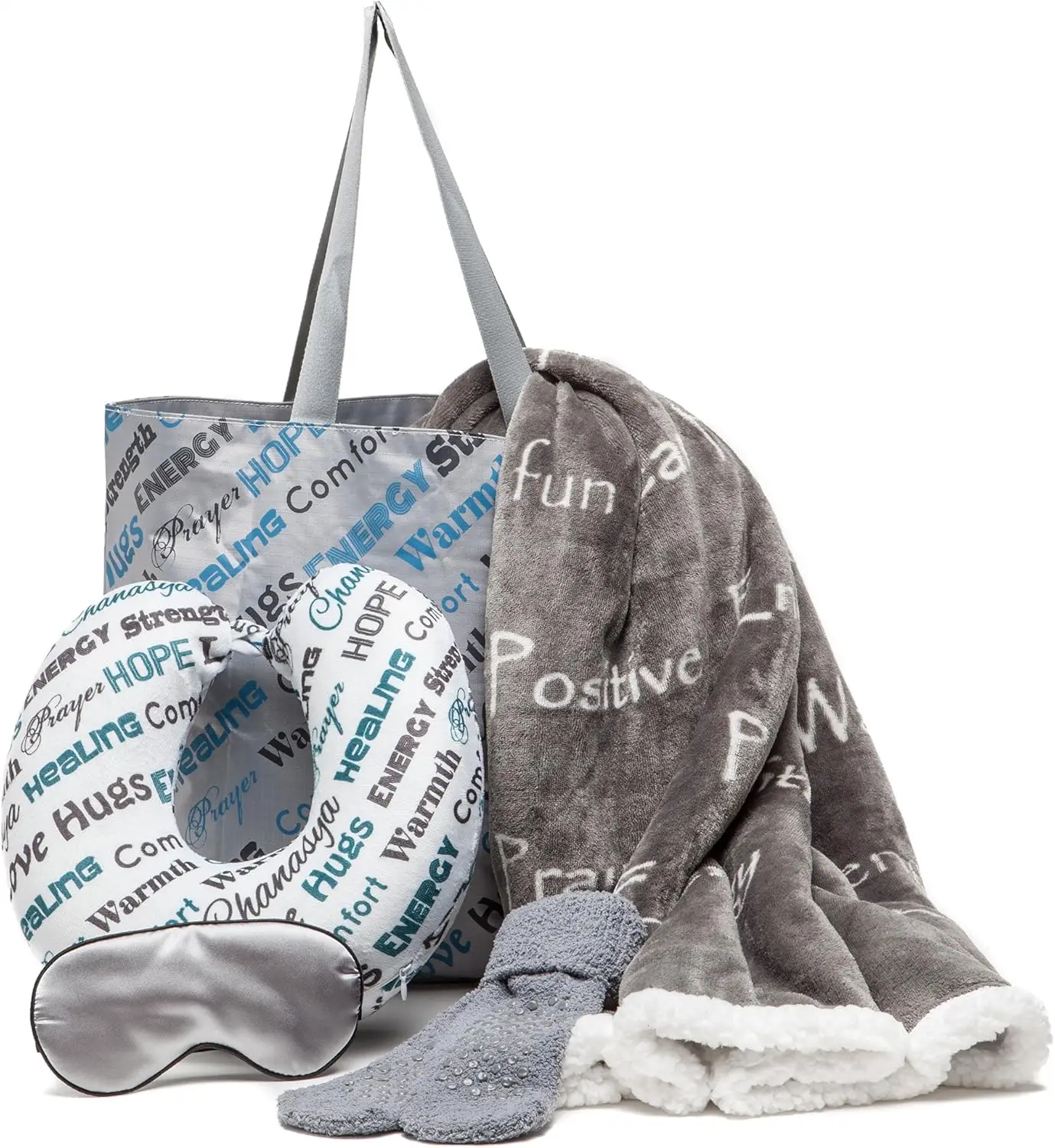 

Премиальный уютный подарочный набор: плед, подушка для шеи, маска для глаз, сумка-шоппер, носки - 5 предметов, серый цвет