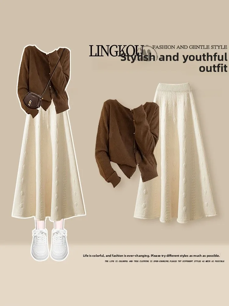 

Elegant Knitted Cardigan And High Waist Skirt Set plus Size Autumn Fashion Women's Ensemble Casual Style Long Sleeve