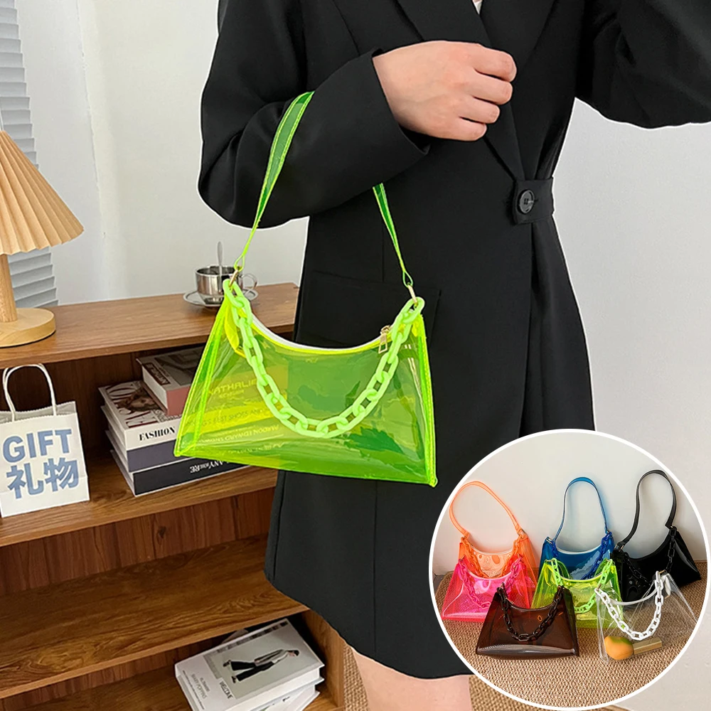 2023 Fashion Women\'s PVC Jelly Shoulder Bag Ladies Solid Color Mini Chain Underarm Bag Transparent Simple Zipper Handbag Clutch