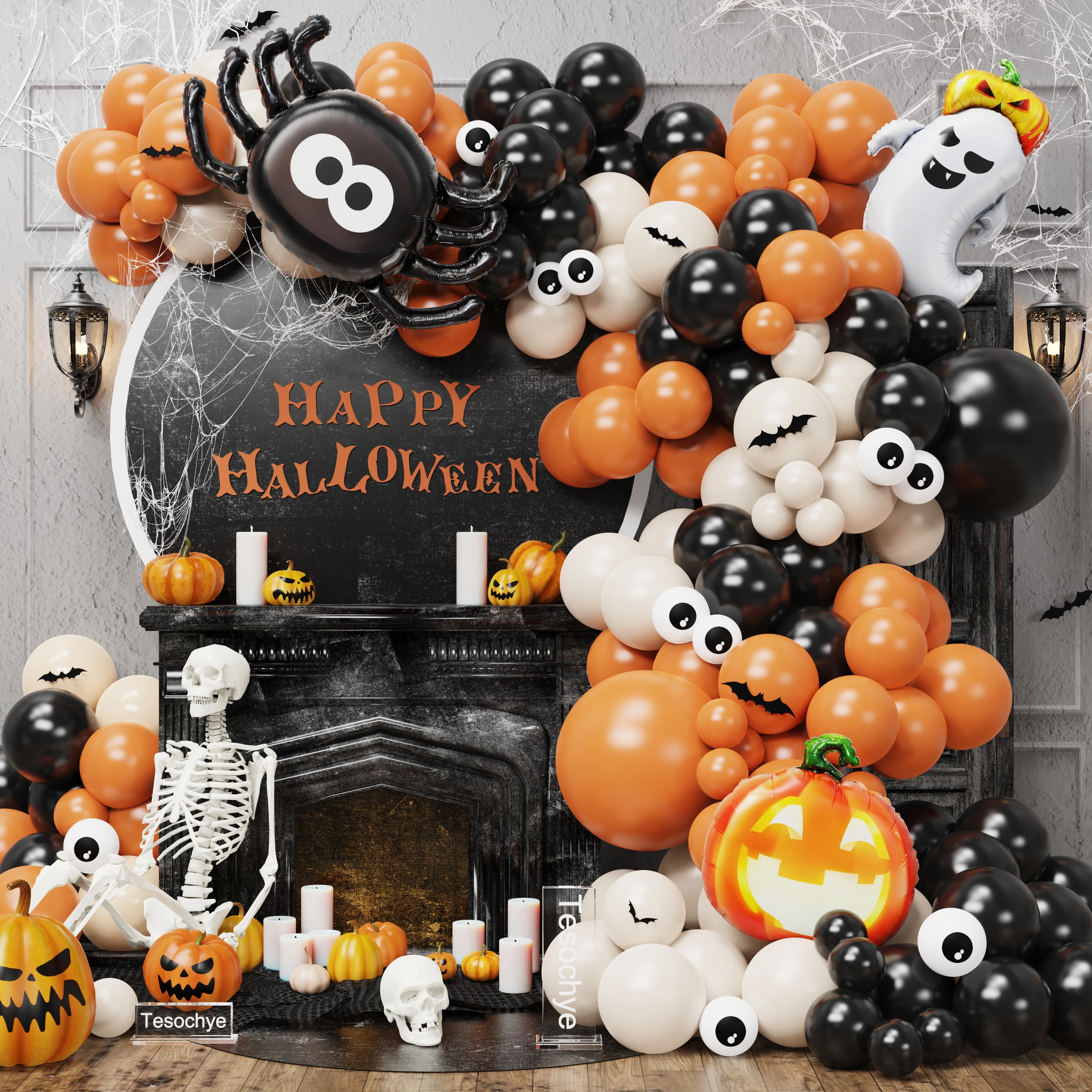 

107pcs Black Orange Halloween Balloon Garland Arch Kit Pumpkin Ghost Spider Foil Balloon Halloween Party Background Decoration