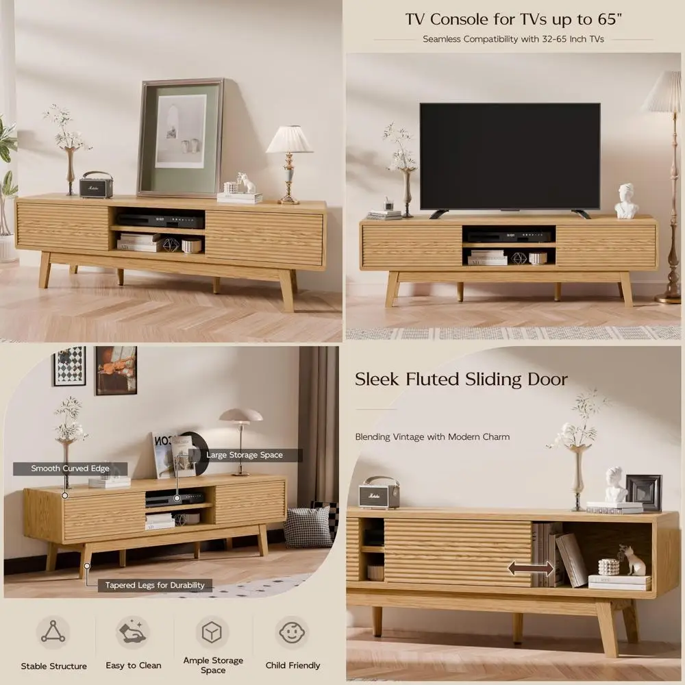 Mid Century Modern TV Stand for 43-65 Inch TVs, Low Profile Console with Sliding Doors, Bohemian Style, Fluted Design