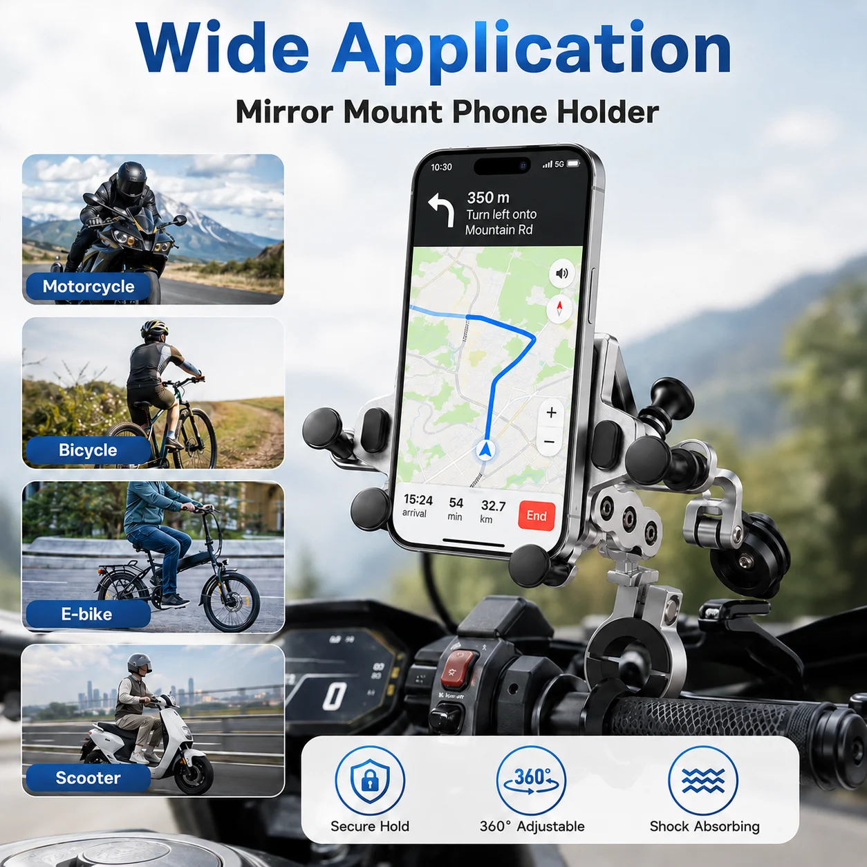 Motorcycle Phone Holder H99 Aluminum Alloy Shock Absorbing Handlebar Mount Five Point Grip 360 Rotary Navigation Bracket E-Bike