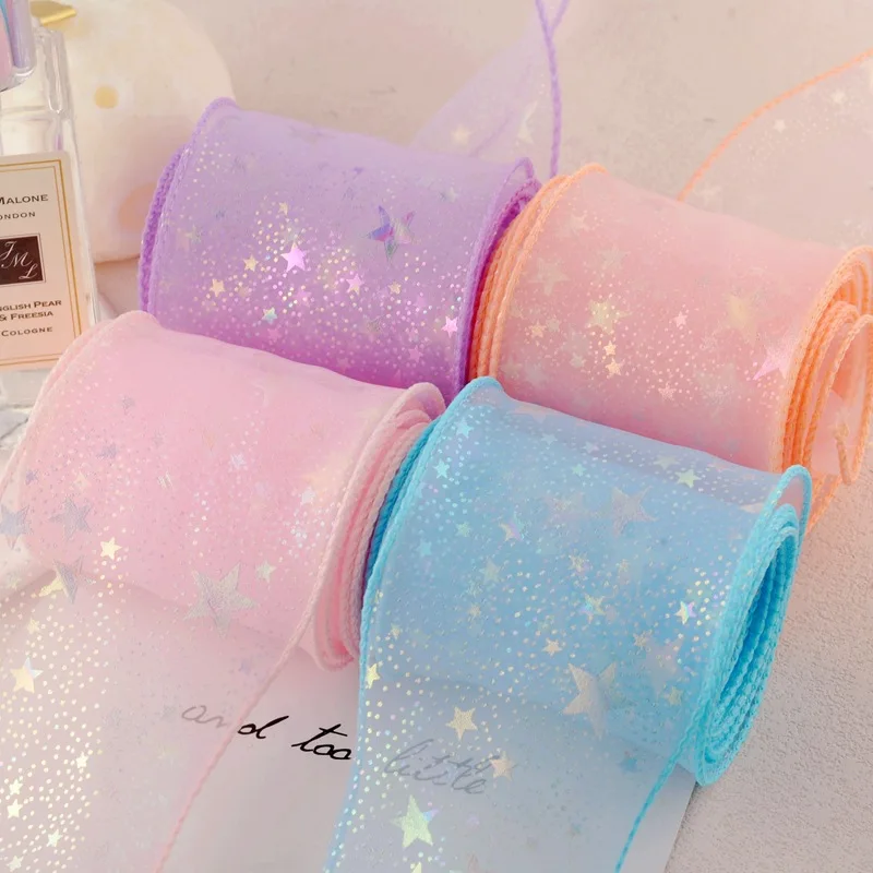 

6cm Iridescent Star Wavy Hemming Ribbon 25m, DIY Hair Bow/Wedding Cake Decor/Party Supplies Craft Material