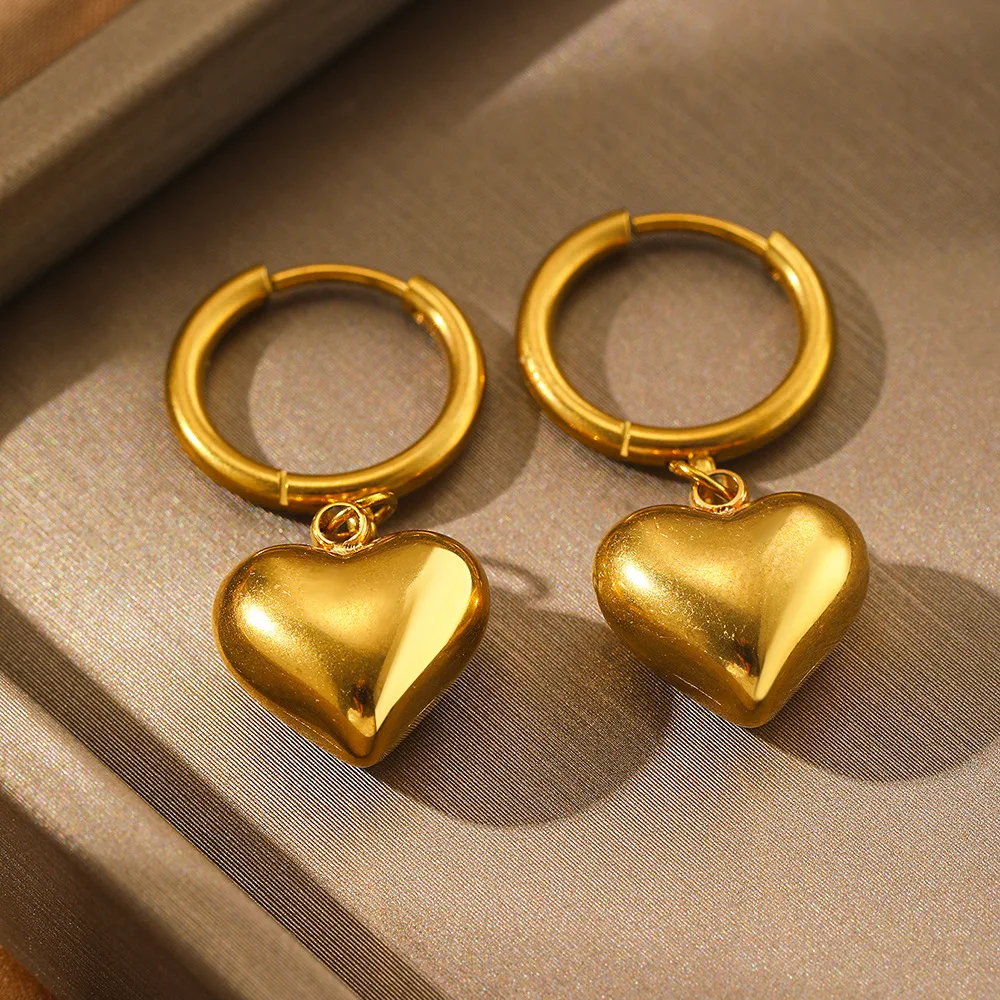 Romantic Chic Puffy Heart Drop Hoop Earrings Gold Plated Stainless Steel for All Occasions Non Tarnish Jewelry