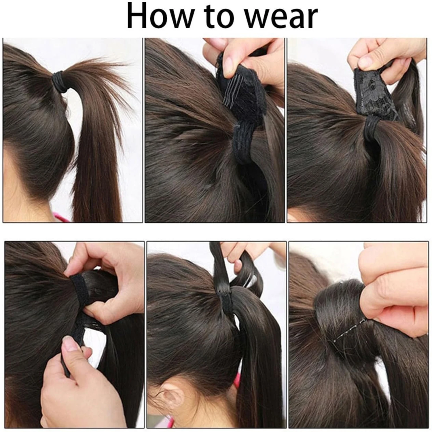 Long Wavy Ponytail Extensions Body Wave Wrap Around Magic Paste Hair Ponytail Clip in Human Hair pieces for Women Girls Natural