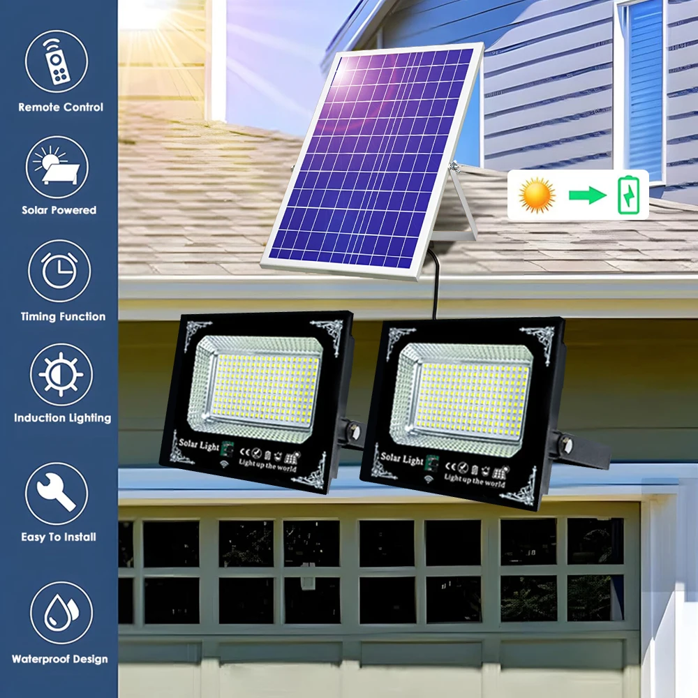 واحد لاثنين من ضوء الفيضانات الشمسية في الهواء الطلق عن بعد، ضوء أمان شمسي مقاوم للماء تشغيل/إيقاف تلقائي، من الغسق إلى الفجر للفناء والشرفة والسقيفة